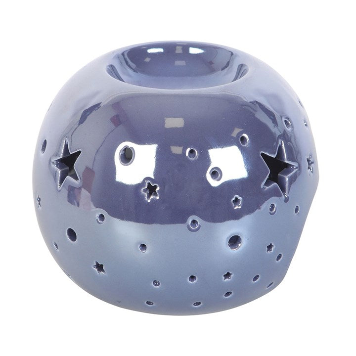 Purple Iridescent Star Oil Burner and Wax Warmer, featuring star cut-outs, adds whimsy and mystique to any space.