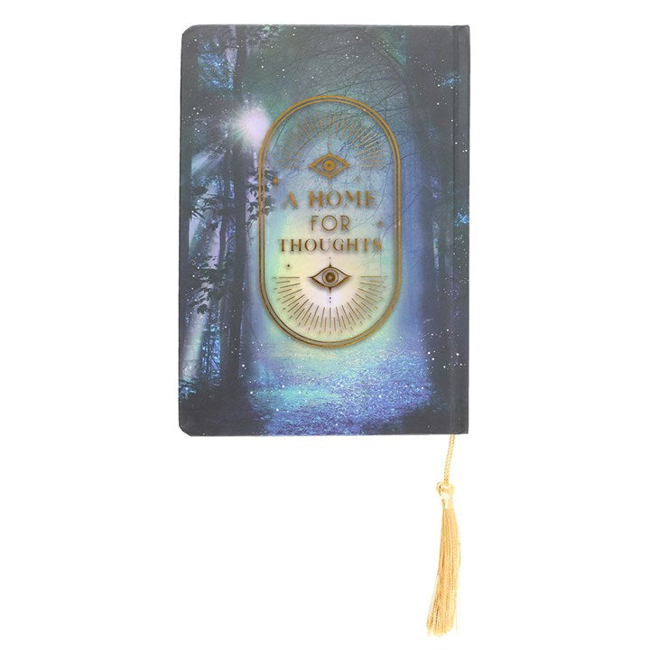 A beautifully designed Home For Thoughts A5 Notebook featuring an enchanting forest theme and golden accents.