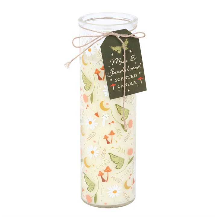 Fairy Folklore Print Moss glass tube candle with Moss & Sandalwood scent and floral print tag.