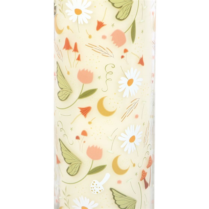 Fairy Folklore Print Moss candle tube, Moss & Sandalwood design with daisies and moons in a printed glass tube.