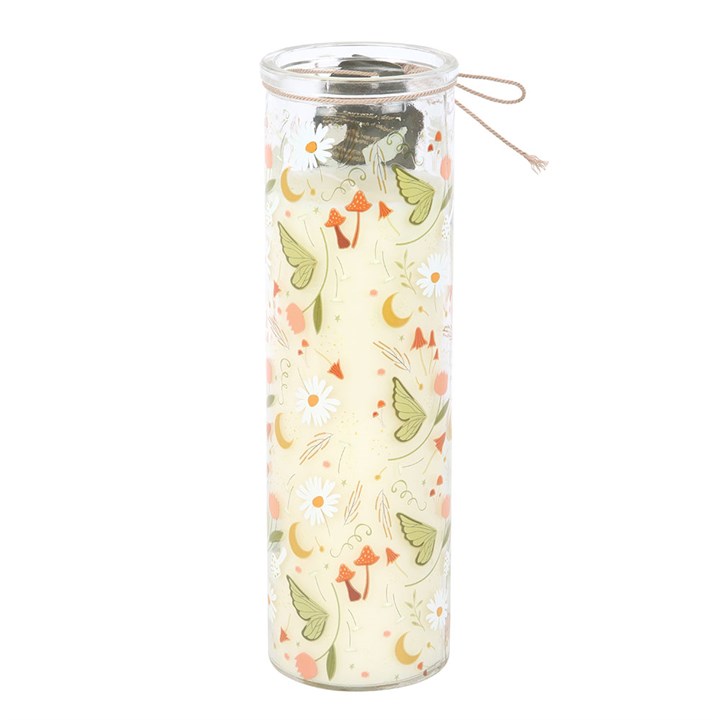 Fairy Folklore Print Moss – Moss & Sandalwood Tube Candle in a floral printed glass tube.