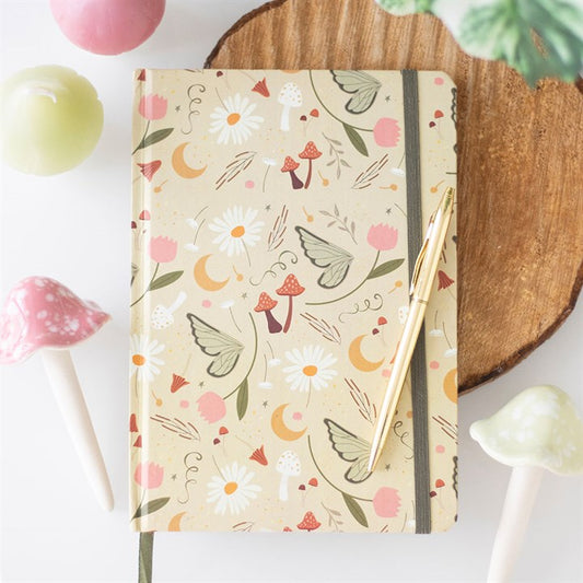 Fairy Folklore Print A5 Notebook features a whimsical garden design, ideal for notes and creative journaling.
