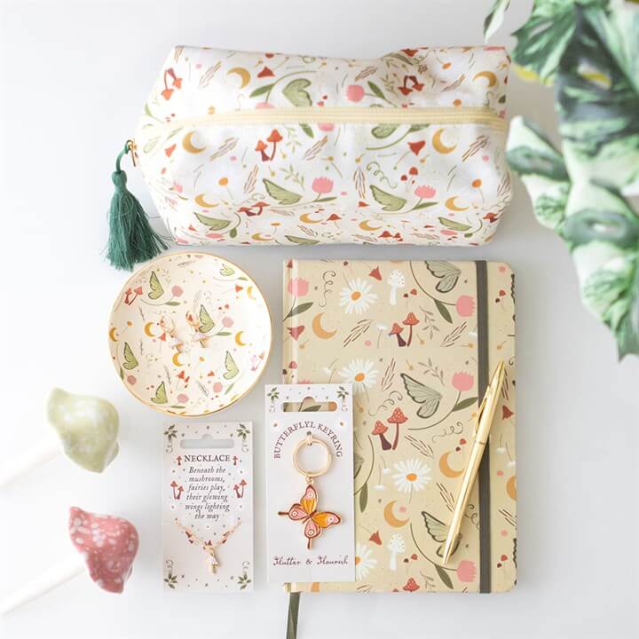 Fairy Folklore Print A5 Notebook featuring a whimsical garden fairy design, perfect for notes and journaling.