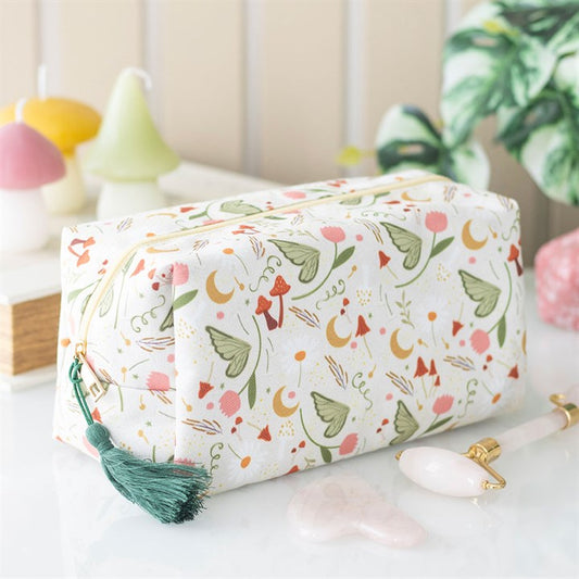 Fairy Folklore Print Makeup Bag With Secure Zip Closure; white fabric, green tassel, ideal for travel.