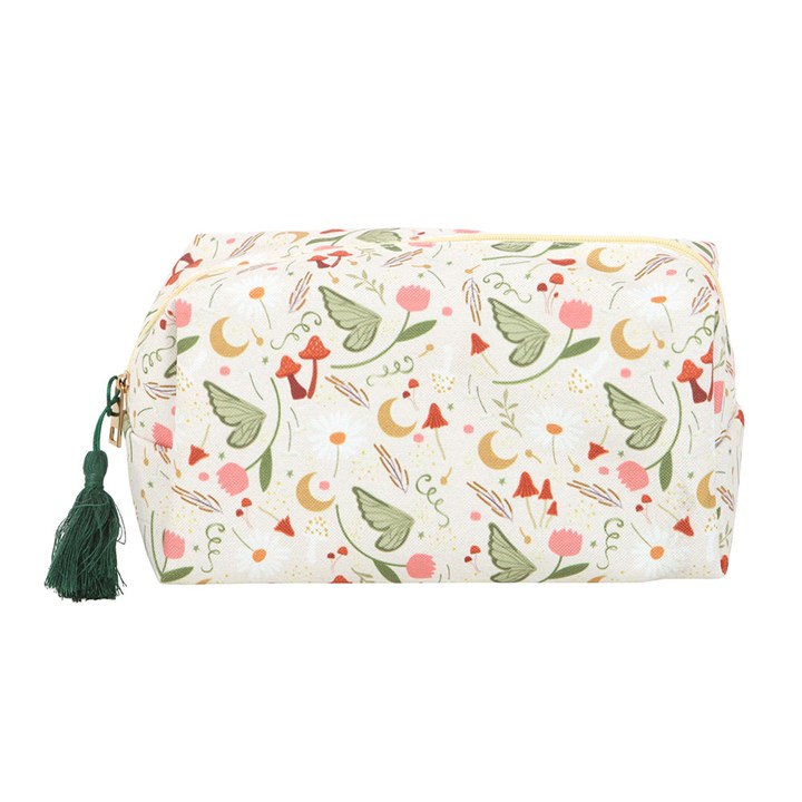Fairy Folklore Print Makeup Bag with secure zip closure and green tassel, white canvas with whimsical floral pattern
