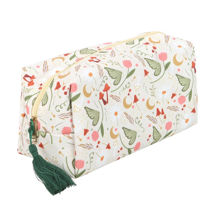 Fairy Folklore print makeup bag with secure zip closure and green tassel on white background.