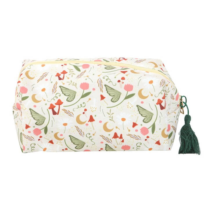 Fairy Folklore Print Makeup Bag with secure zip closure, white pouch, pastel floral fairy motif, green tassel