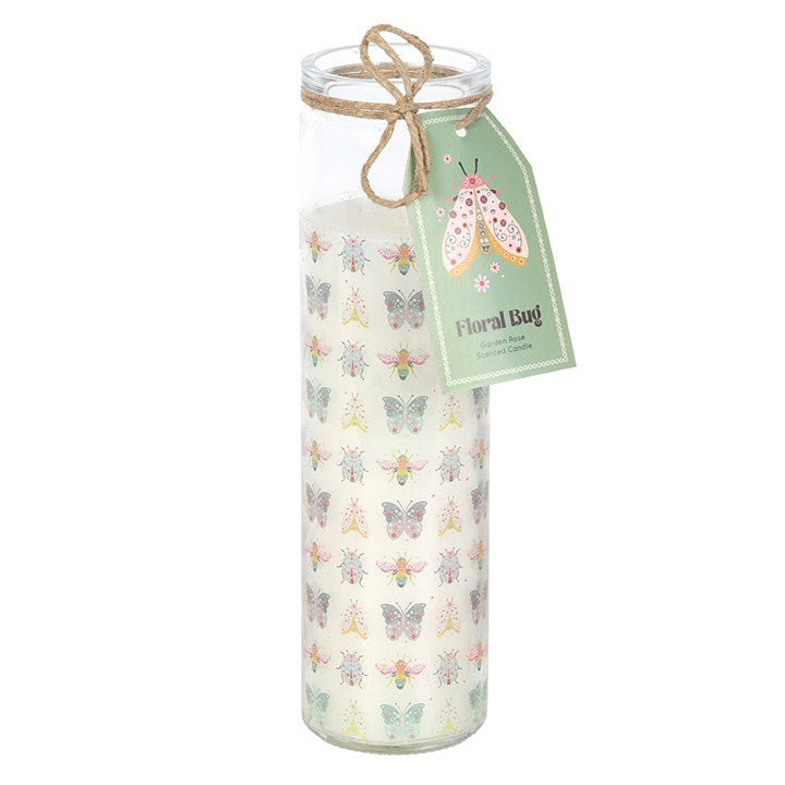 Floral Bug Garden Rose tube candle in a glass cylinder with pastel bug pattern, tied with twine and green tag.