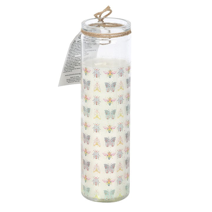 Floral Bug Garden Rose Tube Candle with pastel butterfly design in a clear glass tube, twine-wrapped top.