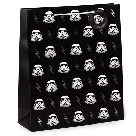 Extra-large black gift bag with a repeating Stormtrooper helmet pattern and bolts.