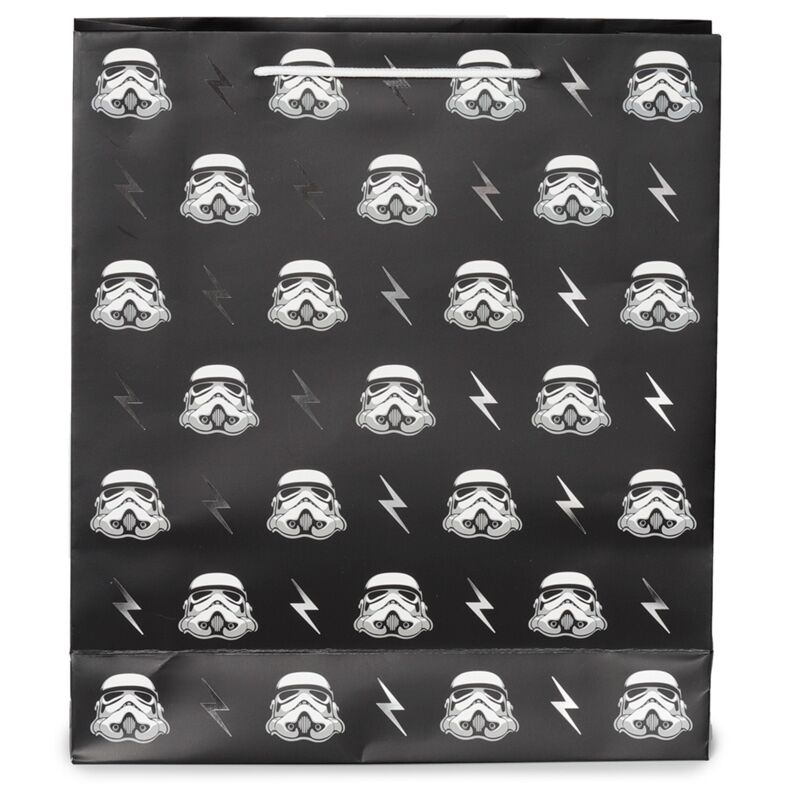 Extra-large gift bag featuring Stormtrooper helmets and lightning bolts on black background.