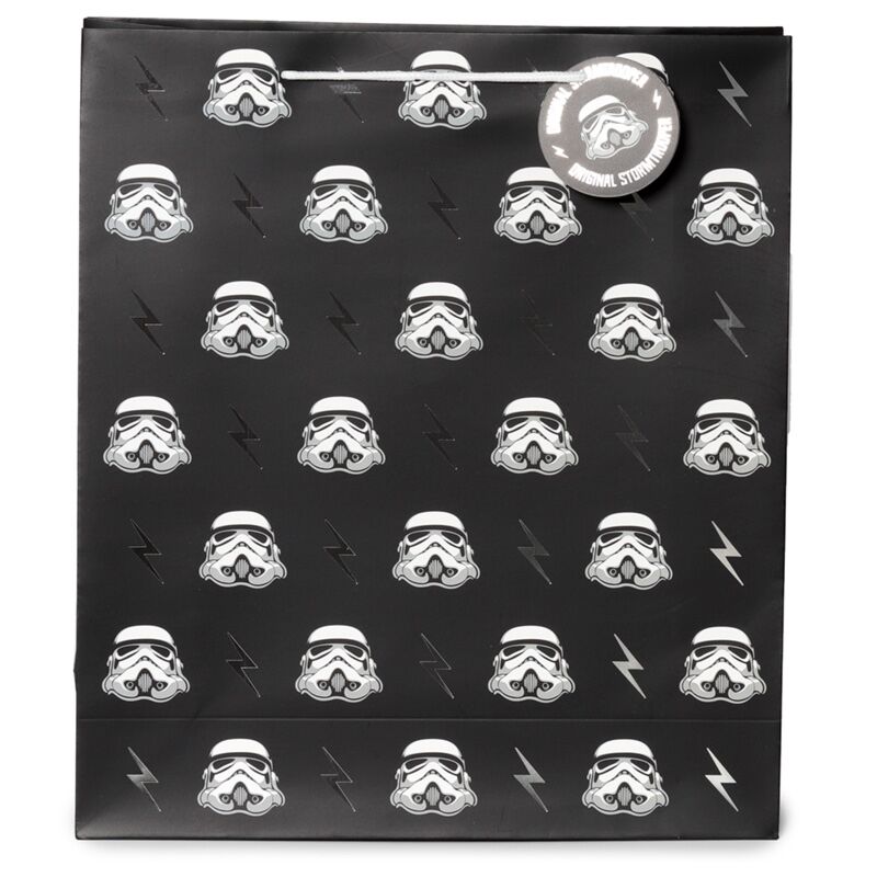 Extra-large gift bag with a black background, repeating Stormtrooper helmets and lightning bolts, plus a circular tag.