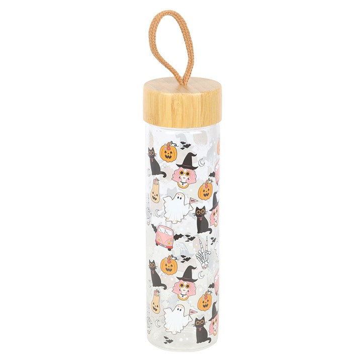 Stylish Groovy Ghost Print Glass Water Bottle with bamboo lid, perfect for Halloween hydration on-the-go.