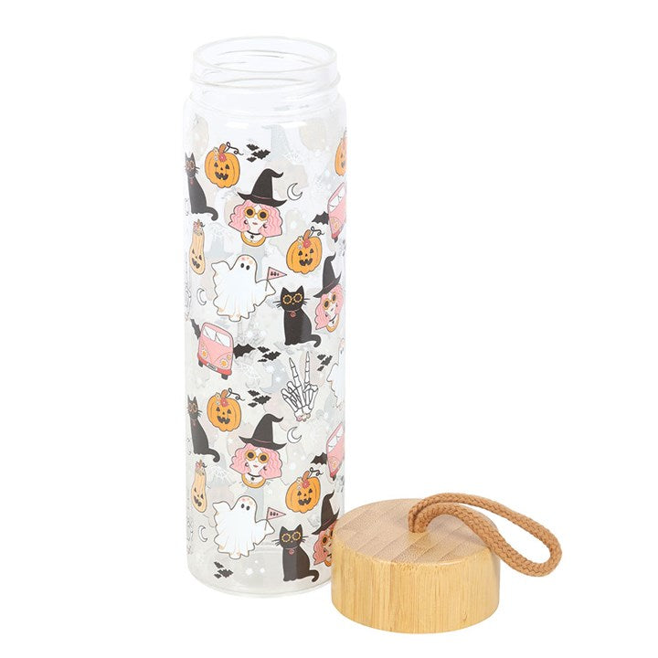 Groovy Ghost Print Glass Water Bottle with Halloween design and bamboo lid, perfect for spooky hydration on-the-go.