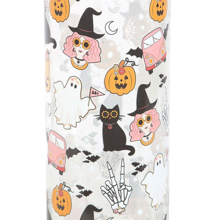 Groovy Ghost Print Glass Water Bottle showcasing a fun Halloween design with a bamboo lid for easy carrying.