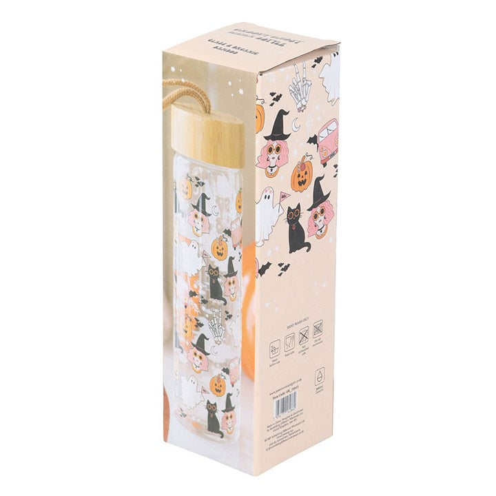 Groovy Ghost Print Glass Water Bottle with Halloween design, bamboo lid, perfect for spooky hydration on-the-go.