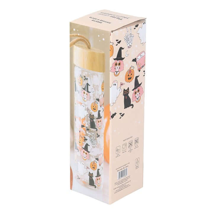 Groovy Ghost Print Glass Water Bottle with Halloween design, bamboo lid, perfect for spooky hydration on-the-go.