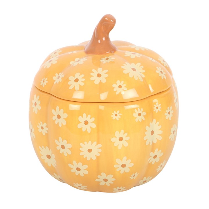 Groovy Floral Pumpkin Oil Burner: orange pumpkin-shaped ceramic oil burner with white floral pattern and lid.