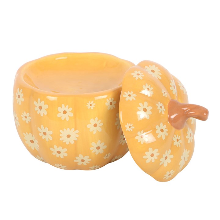 Groovy Floral Pumpkin Oil Burner: orange ceramic pumpkin with white daisies and lid beside, autumn decor