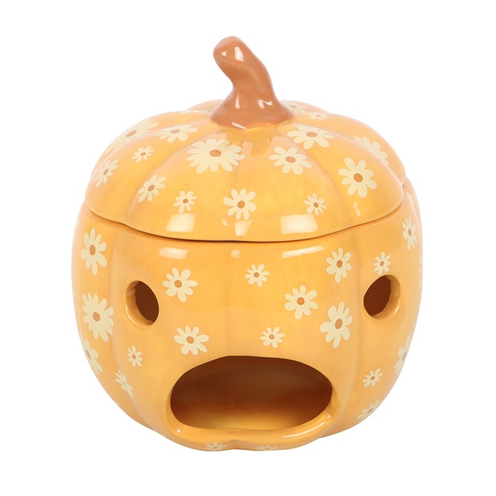 Groovy Floral Pumpkin Oil Burner: orange pumpkin with white flowers, autumn vibes and cosy decor.