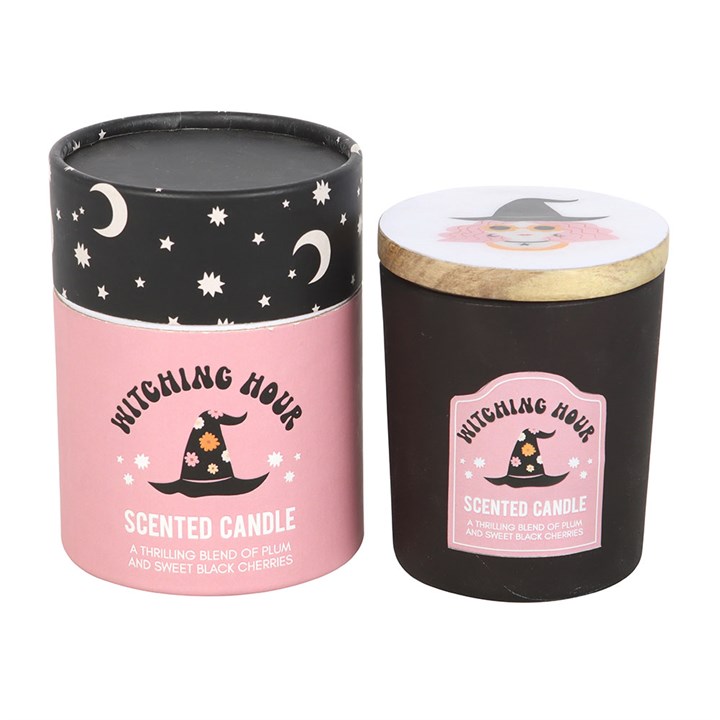 Witching Hour Plum and Black Cherry Candle, perfect for magical evenings with fruity aromas in stylish packaging.