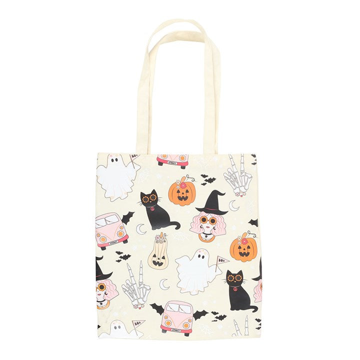 Groovy Ghost Print Polycotton Tote Bag features a playful Halloween design, perfect for festive errands and shopping.