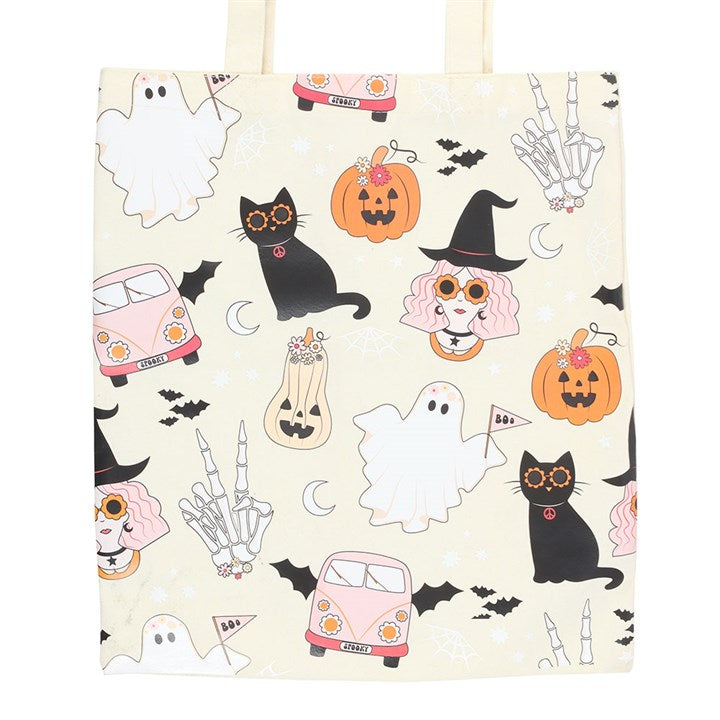 Groovy Ghost Print Polycotton Tote Bag featuring a playful Halloween design, perfect for spooky shopping trips.