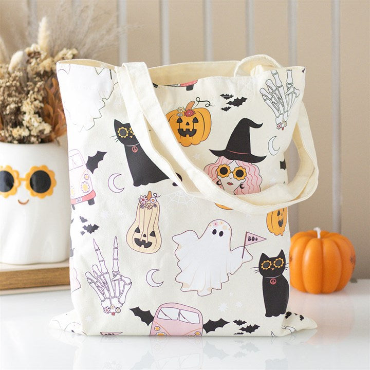 Groovy Ghost Print Polycotton Tote Bag featuring a fun Halloween design, perfect for shopping and daily errands.