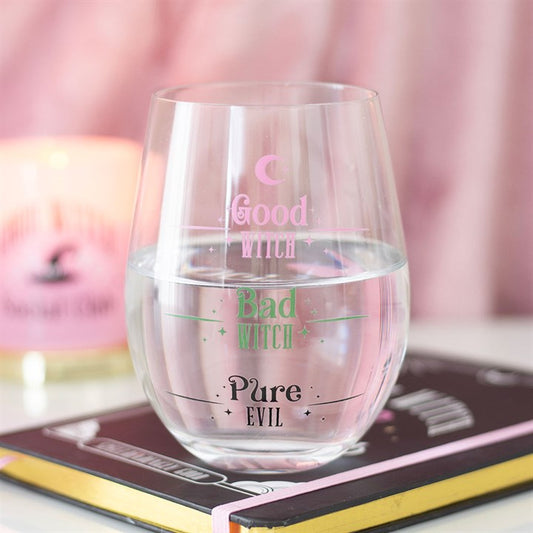 Sleek Good Witch, Bad Witch Stemless Glass, perfect for sipping drinks with a fun, bold design to match your mood.