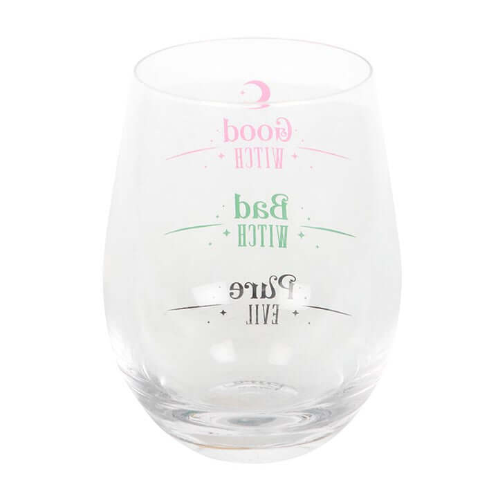 Good Witch, Bad Witch Stemless Glass with playful designs, perfect for sipping potions or prosecco at home.