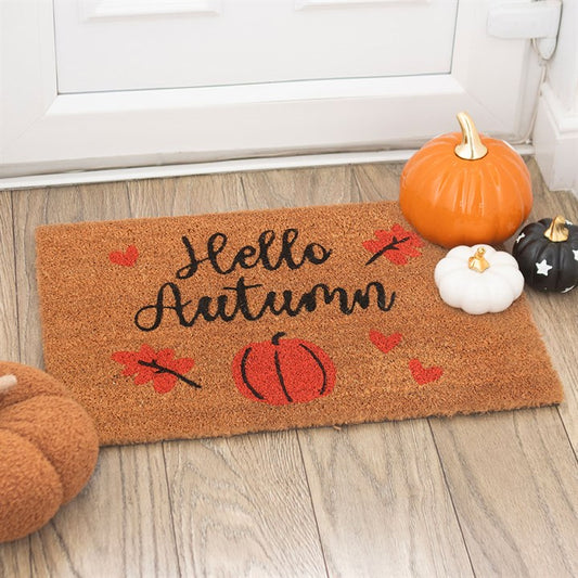 Natural Hello Autumn Doormat featuring pumpkin and leaf design, perfect for welcoming the season indoors.