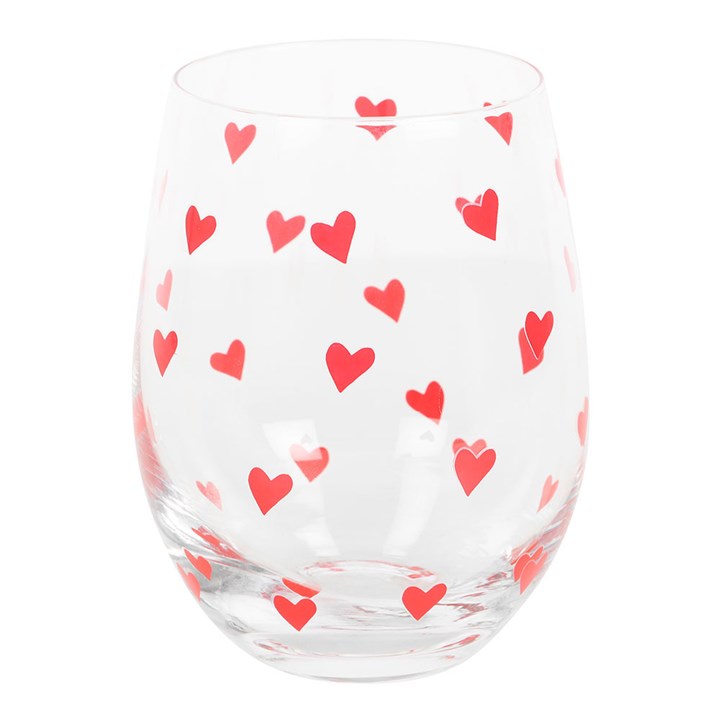 Heart Print Stemless Glass featuring vibrant red hearts, perfect for romantic cocktails and joyful gatherings.
