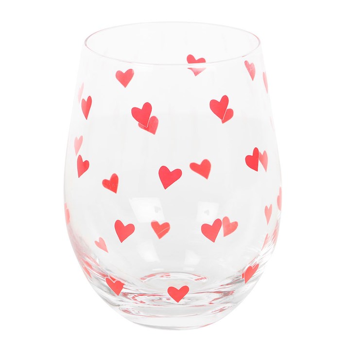 Brighten your glassware collection with the Heart Print Stemless Glass, perfect for romantic cocktails and gifts.