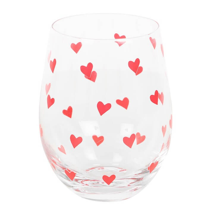 Brighten your glassware collection with the Heart Print Stemless Glass, perfect for romantic cocktails and gifts.