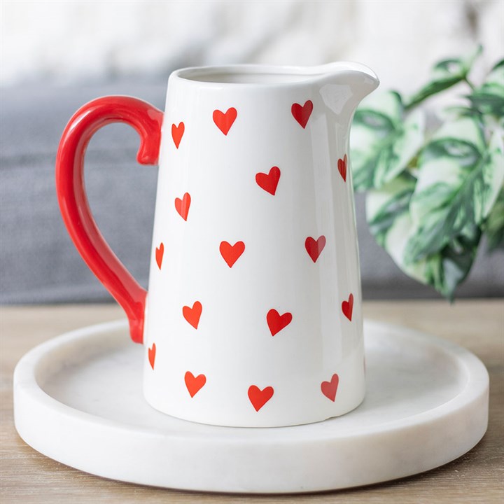 Heart Print Ceramic Flower Jug with red handle, perfect for Valentine's blooms, enhancing your seasonal decor.