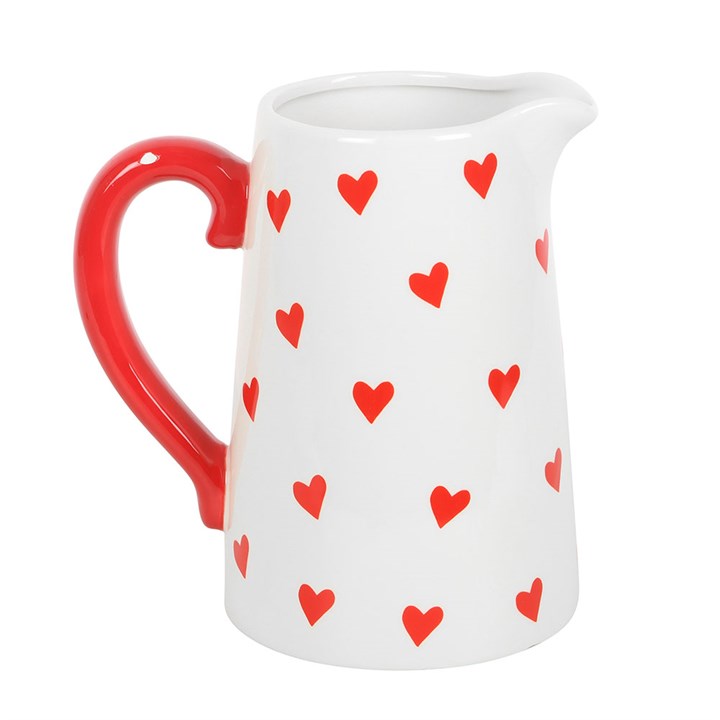 Heart Print Ceramic Flower Jug in white with red handle, perfect for Valentine's blooms this season.