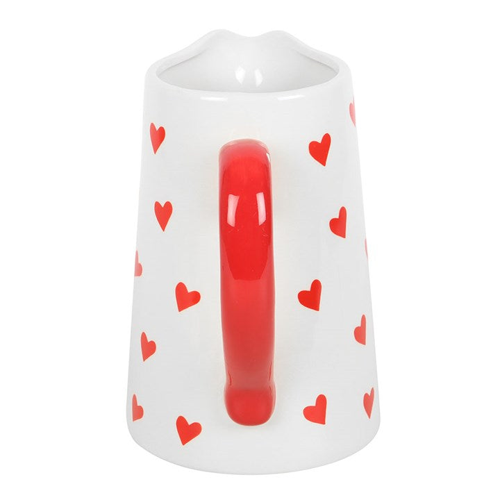 Heart Print Ceramic Flower Jug with red handle, perfect for Valentine's blooms, ideal for home decor.