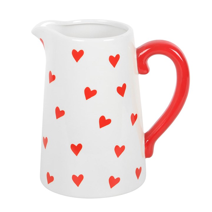 Heart Print Ceramic Flower Jug with a red handle, perfect for displaying Valentine's Day blooms in style.