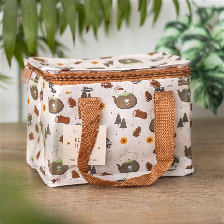 Home on the Road Camping Print Lunch Bag with insulated interior and fun camping design, perfect for outdoor adventures.