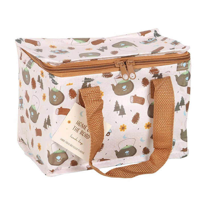Home on the Road Camping Print Lunch Bag with fun camping design, perfect for outdoor adventures and easy cleaning.