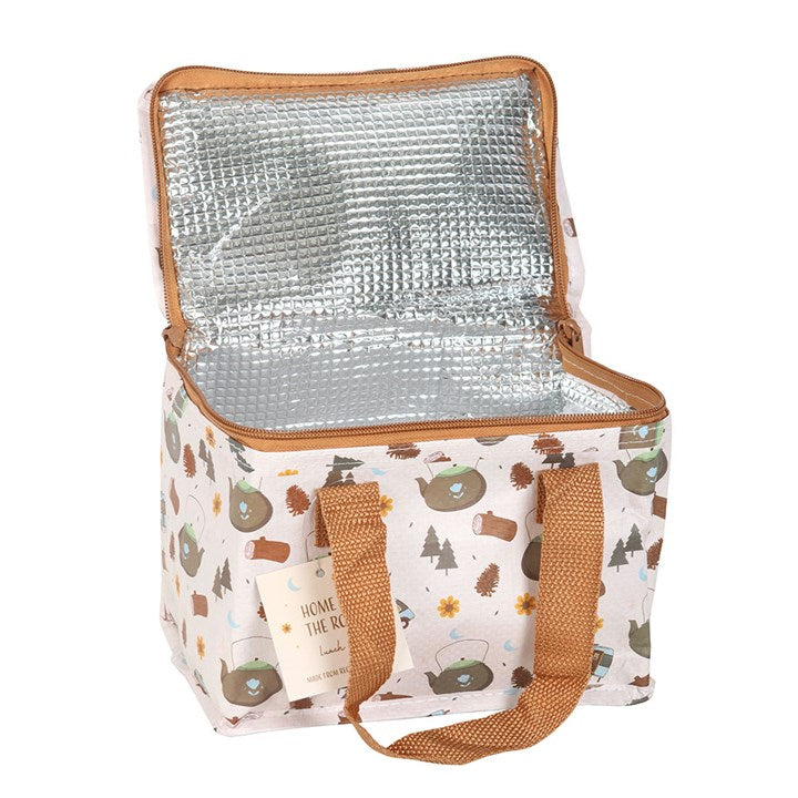 Stylish Home on the Road Camping Print Lunch Bag with insulated interior, perfect for outdoor adventures.