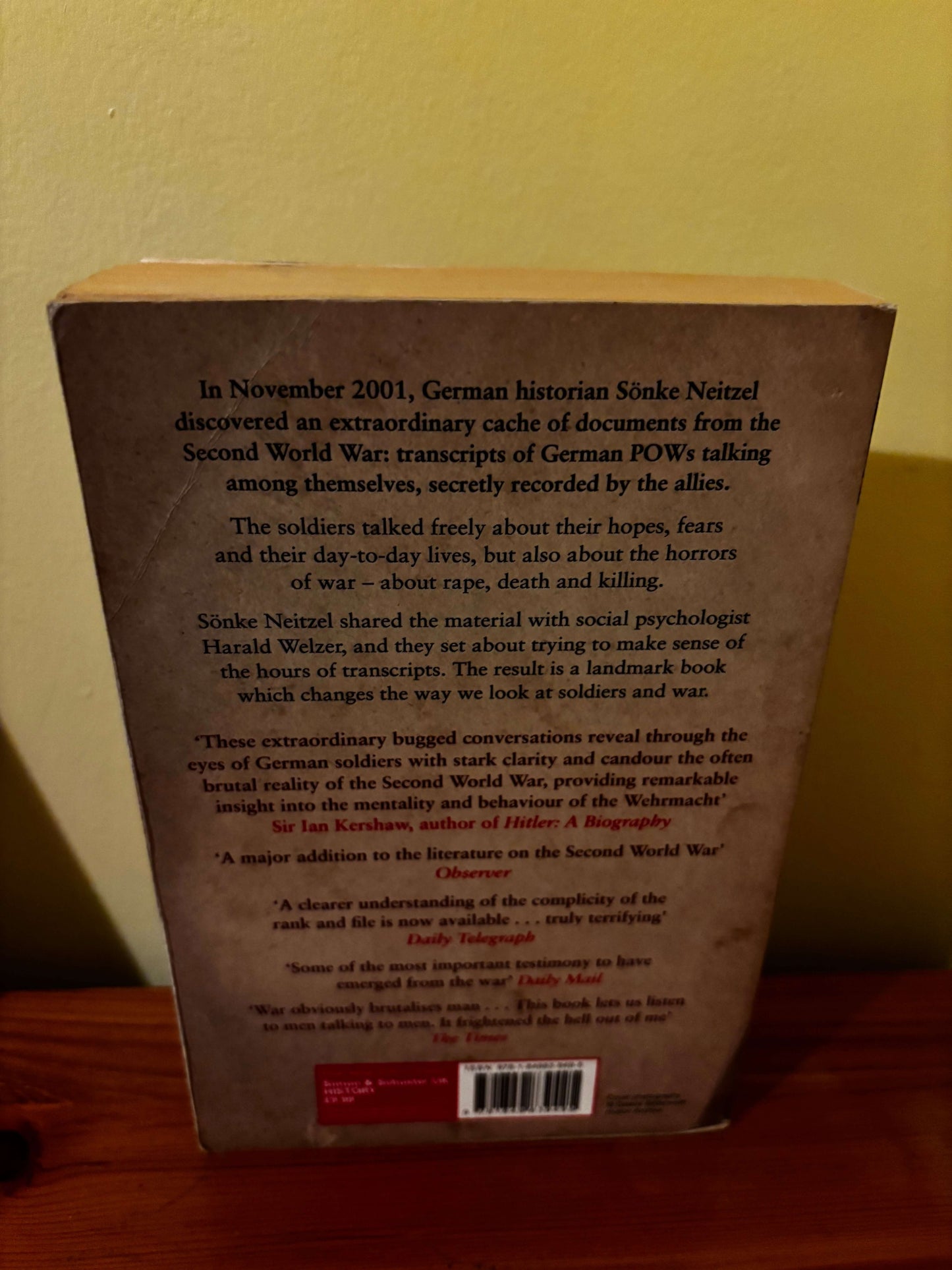 Back cover of Soldaten: On Fighting, Killing and Dying, German POWs tapes; paperback 2013, with text and barcode.