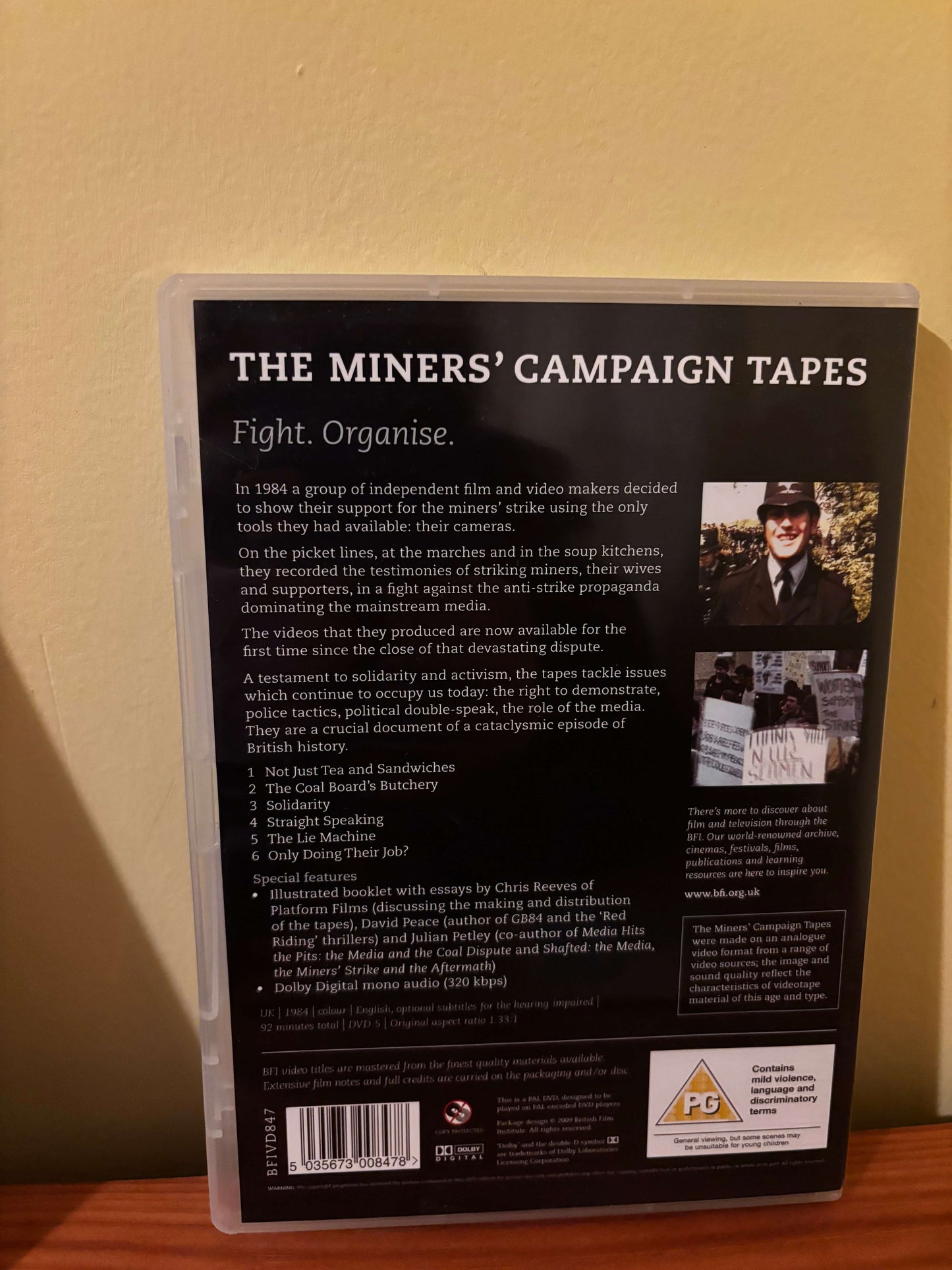Back cover of The Miners' Campaign Tapes DVD by BFI; 1984 miners' strike documentary with stills and synopsis.
