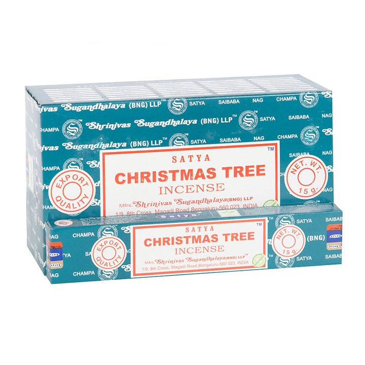 12 Packs of Christmas Tree Incense Sticks by Satya, handcrafted in India, perfect for festive aromatic experiences.
