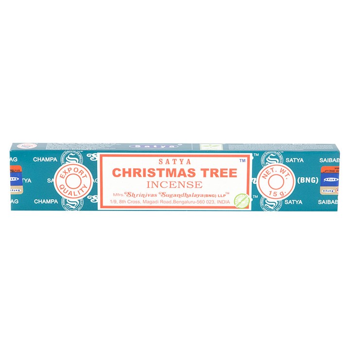 12 Packs of Christmas Tree Incense Sticks by Satya, featuring handmade vegan-friendly incense from India.