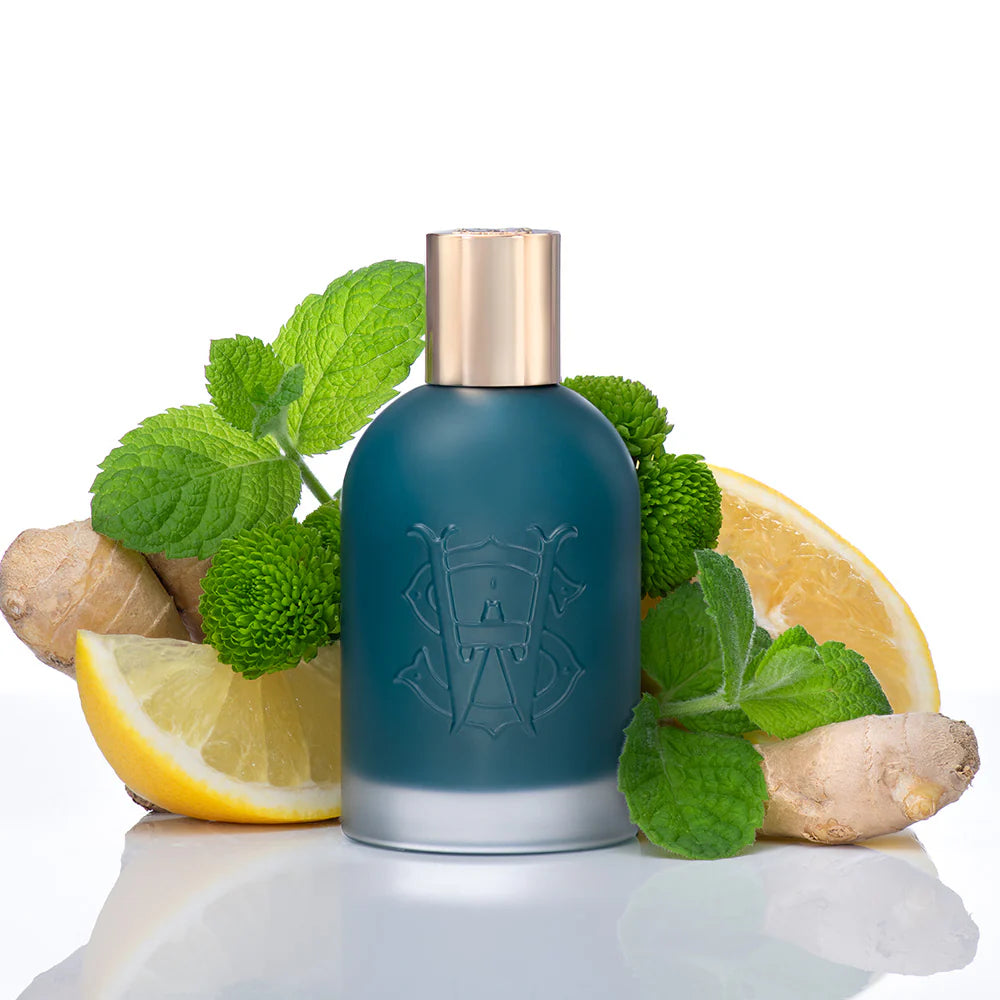 Saltworks Infinity fragrance bottle with gold cap, lemon, ginger and mint accents.
