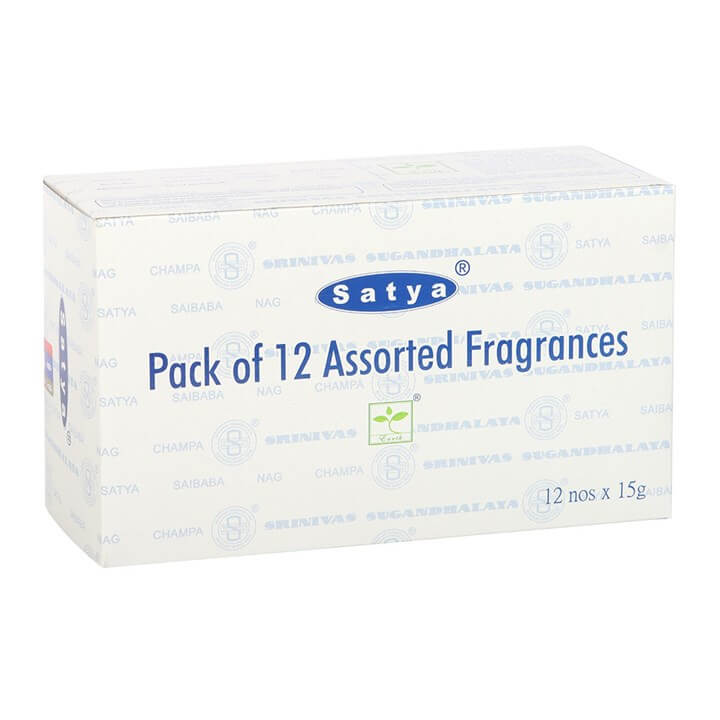 12 Packs of Assorted Fragrance Incense Sticks by Satya showcase a variety of beloved scents for every preference.