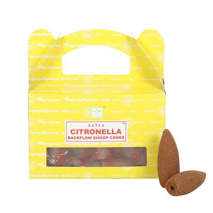 12 Packs of Citronella Backflow Dhoop Incense Cones by Satya, perfect for refreshing spaces and repelling mosquitoes.