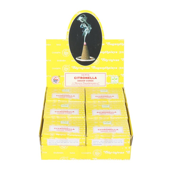 12 Packs of Citronella Dhoop Incense Cones by Satya displayed for a refreshing, mosquito-repelling aroma in any space.