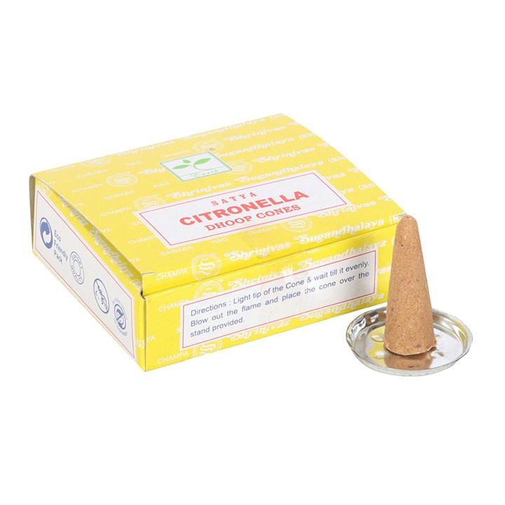 12 Packs of Citronella Dhoop Incense Cones by Satya, perfect for refreshing spaces and repelling mosquitoes.